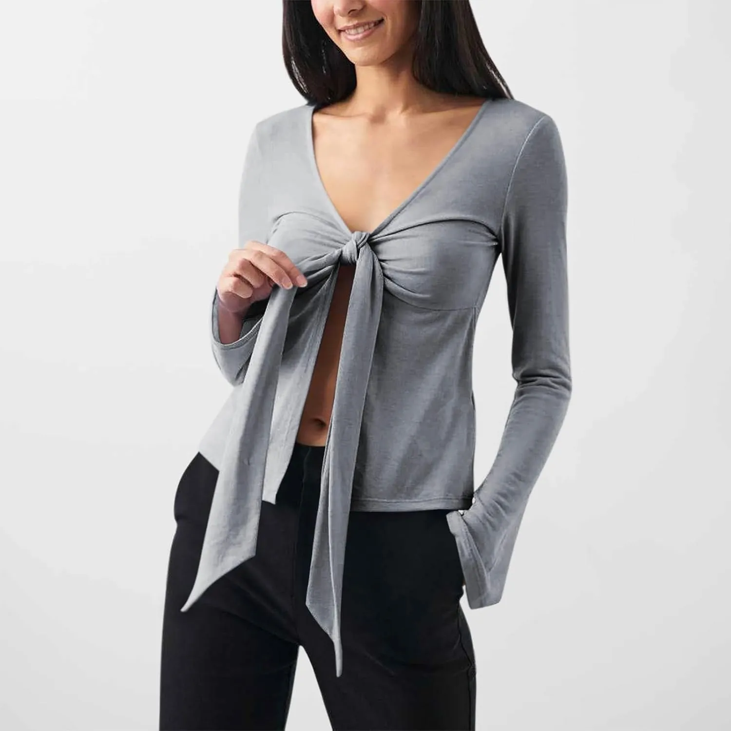 Women's Long Sleeve Deep V Neck Front Tie Bowknot Shirts Solid Color Ruched Split Trendy Blouse Y2K Slim Fit Crop Tops