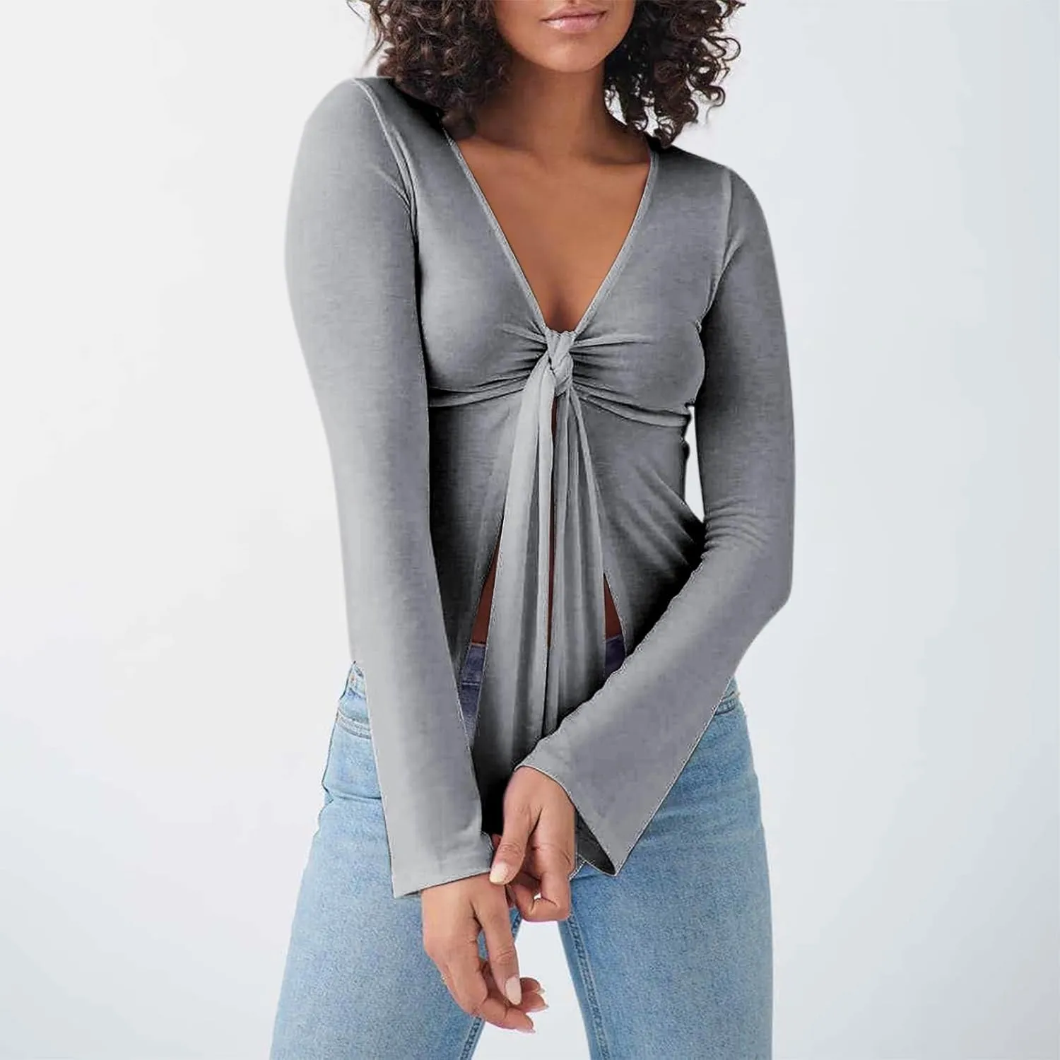 Women's Long Sleeve Deep V Neck Front Tie Bowknot Shirts Solid Color Ruched Split Trendy Blouse Y2K Slim Fit Crop Tops