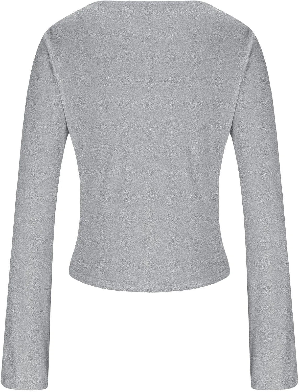 Women's Long Sleeve Deep V Neck Front Tie Bowknot Shirts Solid Color Ruched Split Trendy Blouse Y2K Slim Fit Crop Tops