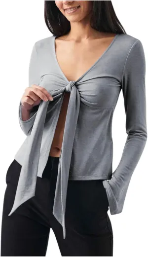 Women's Long Sleeve Deep V Neck Front Tie Bowknot Shirts Solid Color Ruched Split Trendy Blouse Y2K Slim Fit Crop Tops