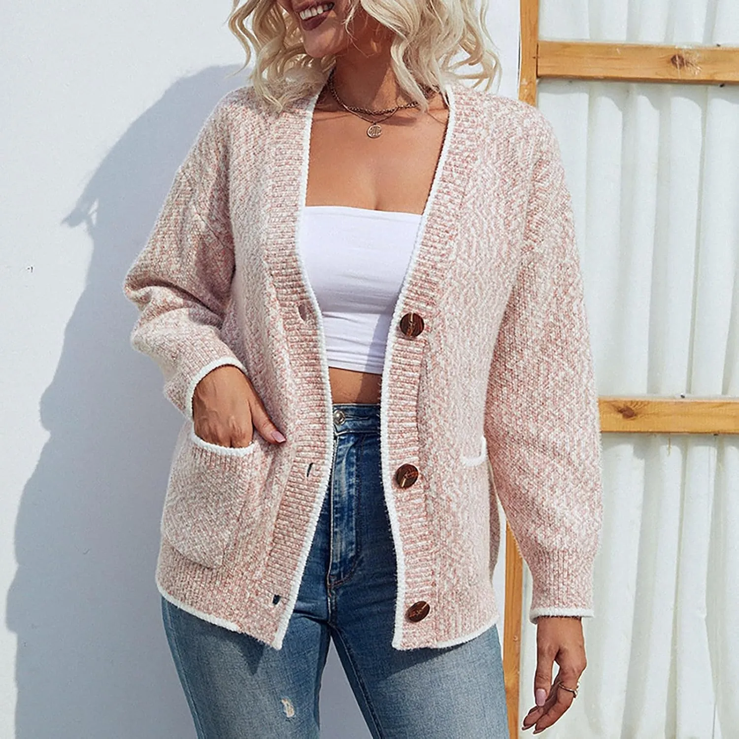 Womens Long Sleeve Open Front Cardigan 2023 Fall winter Casual Loose Button Down Lapel Knit Sweater Coat with Pockets
