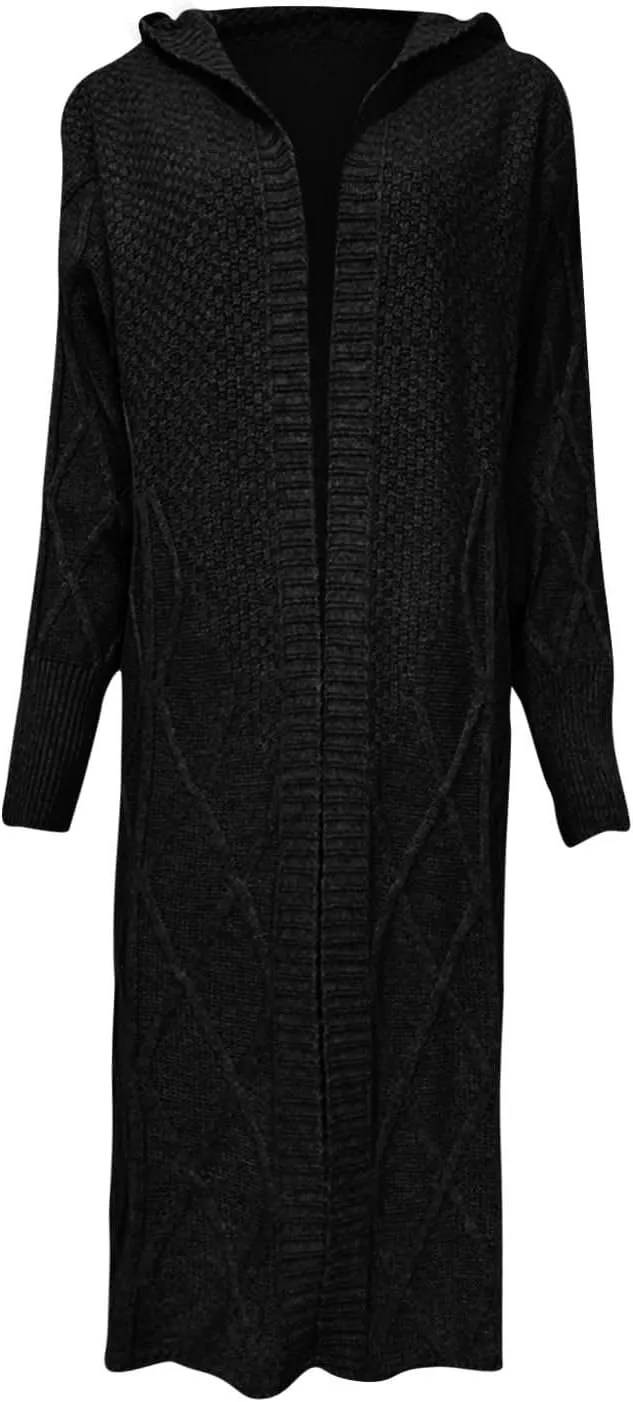 Womens Long Sleeve Open Front Cardigan Hooded Sweaters Oversized Checkered Chunky Knit Sweaters Outerwear Coat