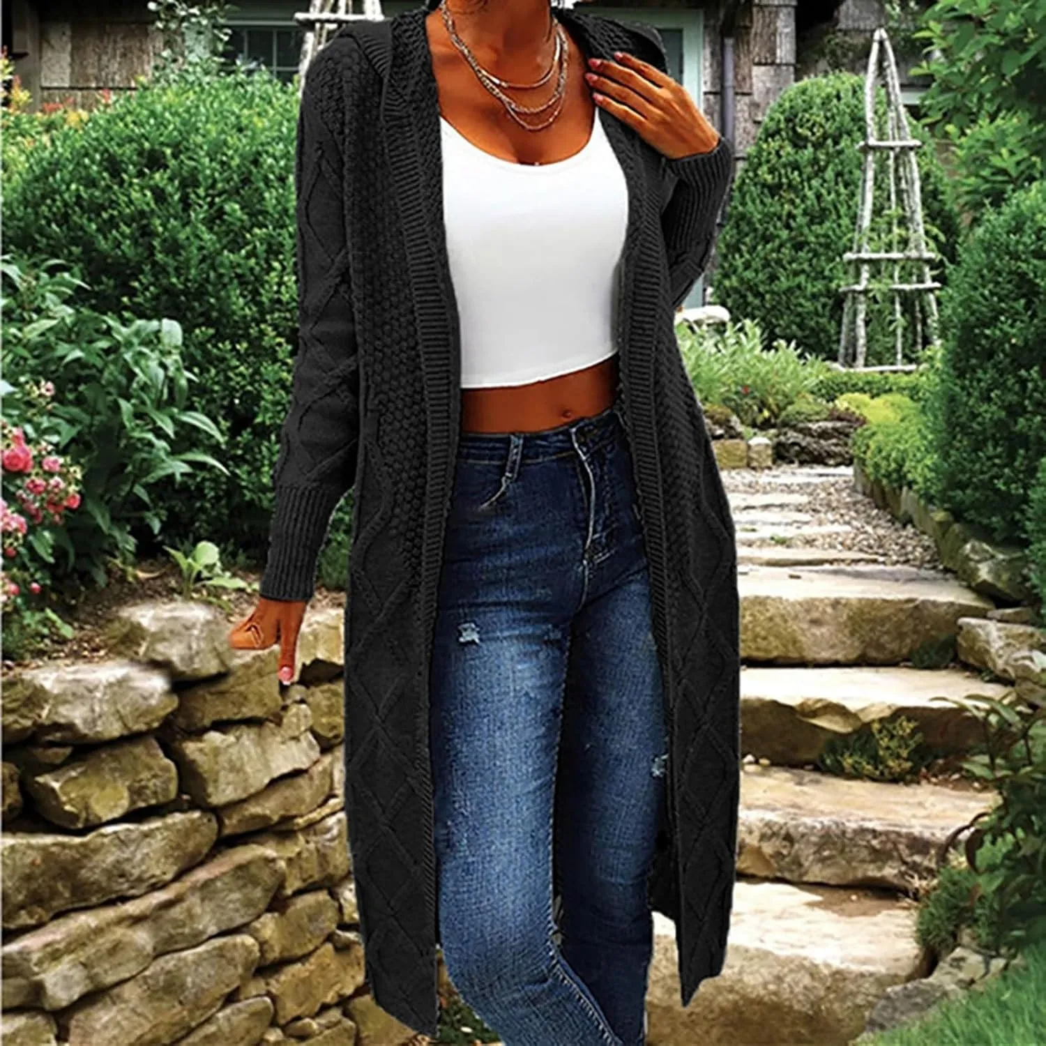 Womens Long Sleeve Open Front Cardigan Hooded Sweaters Oversized Checkered Chunky Knit Sweaters Outerwear Coat