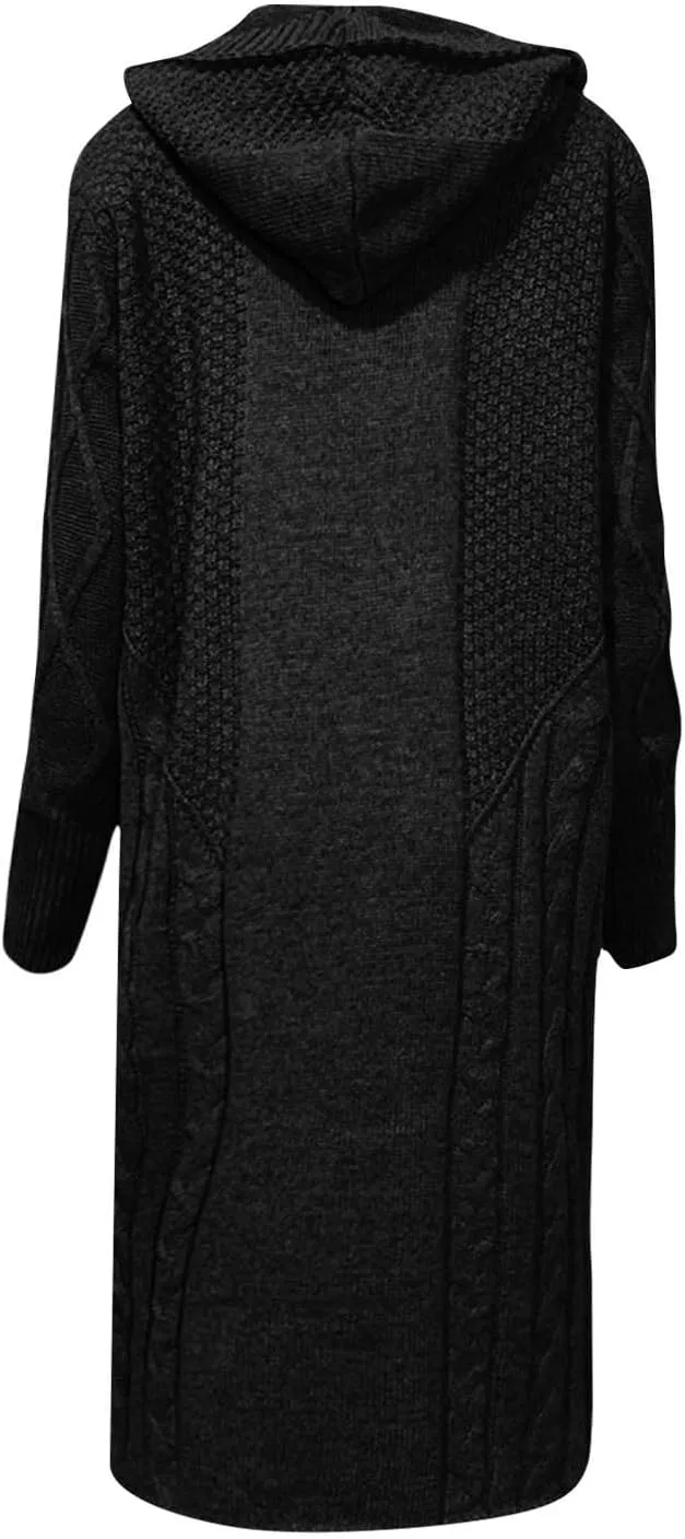 Womens Long Sleeve Open Front Cardigan Hooded Sweaters Oversized Checkered Chunky Knit Sweaters Outerwear Coat