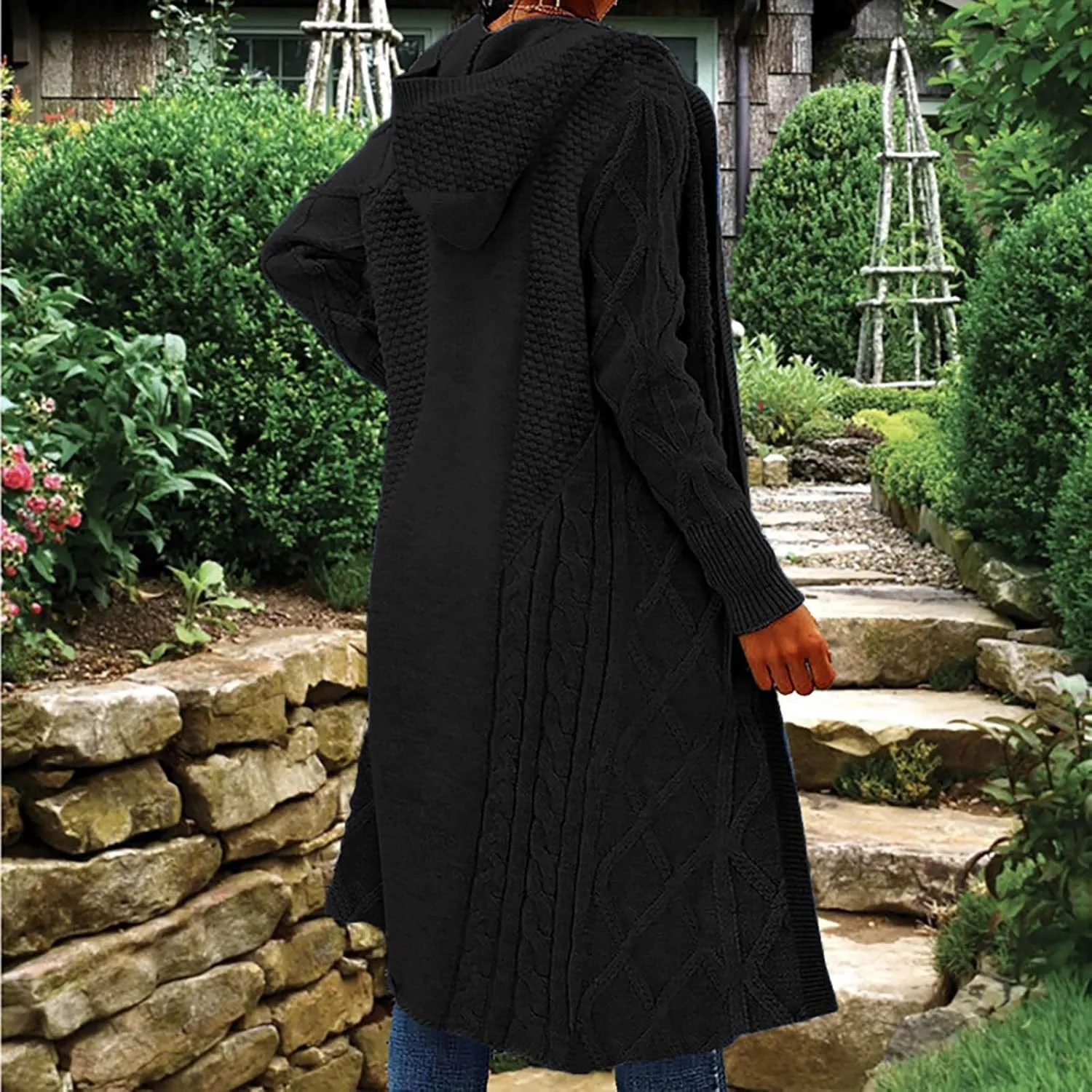 Womens Long Sleeve Open Front Cardigan Hooded Sweaters Oversized Checkered Chunky Knit Sweaters Outerwear Coat