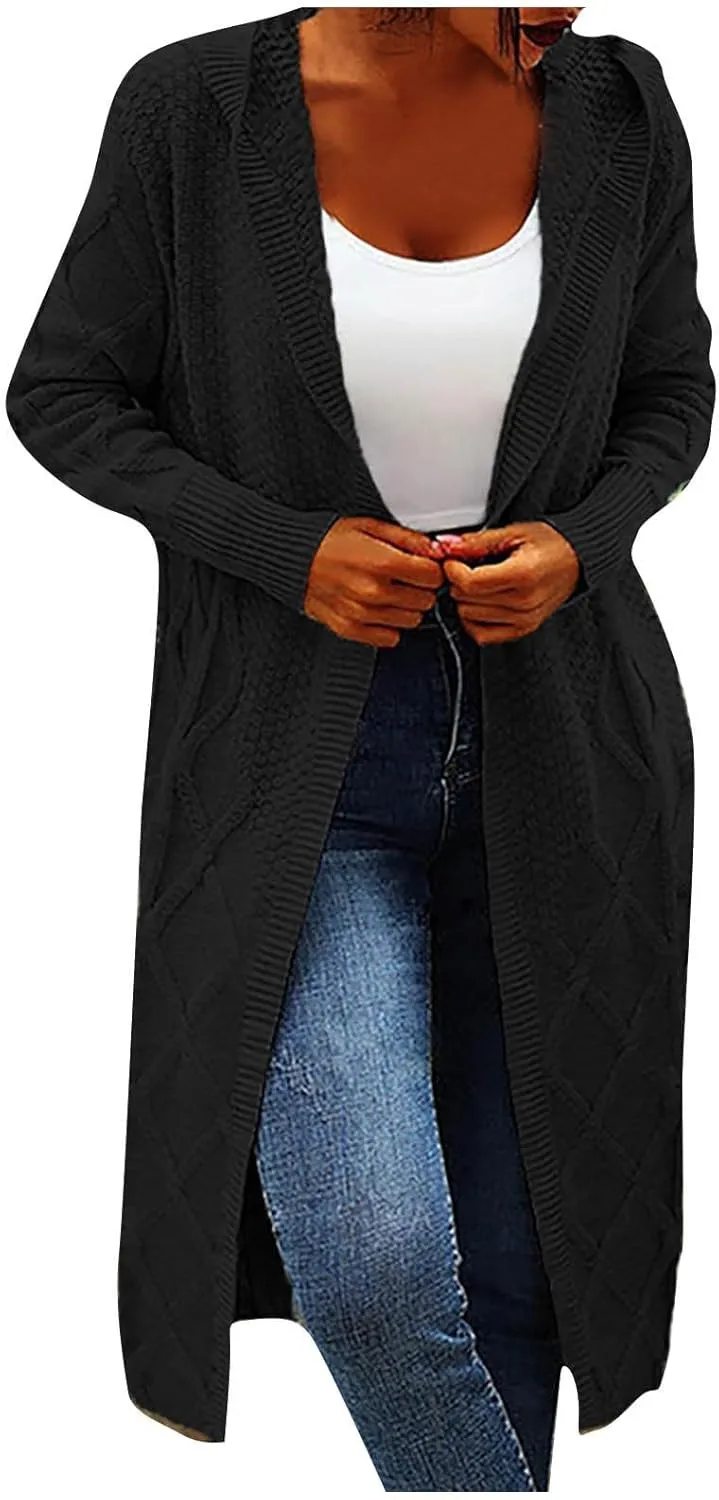 Womens Long Sleeve Open Front Cardigan Hooded Sweaters Oversized Checkered Chunky Knit Sweaters Outerwear Coat