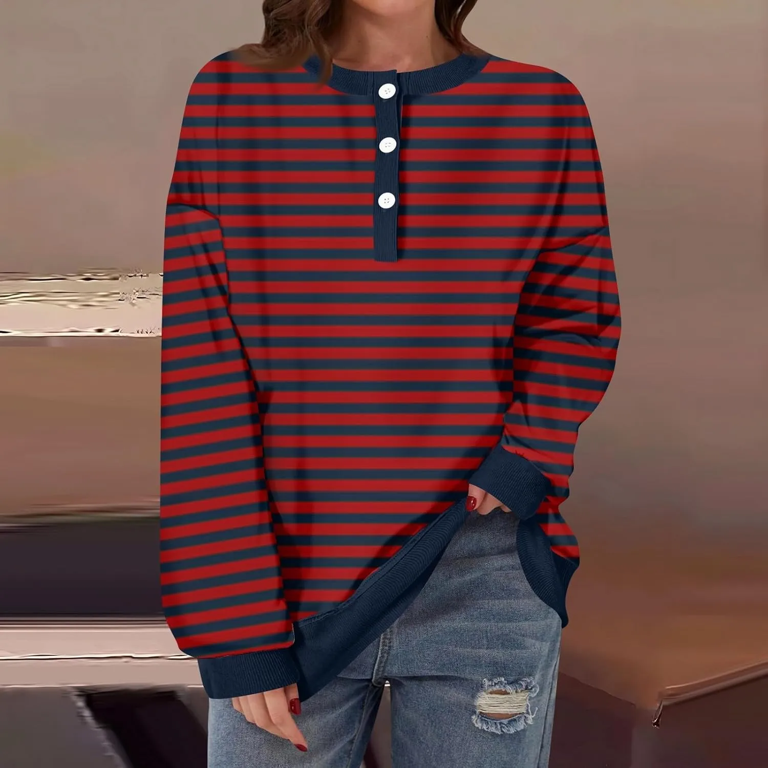 Womens Long Sleeve Tops Casual Color Block Crew Neck T Shirts Loose Fit Striped Oversized Drop Shoulder Blouses