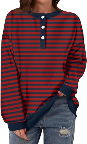 Womens Long Sleeve Tops Casual Color Block Crew Neck T Shirts Loose Fit Striped Oversized Drop Shoulder Blouses