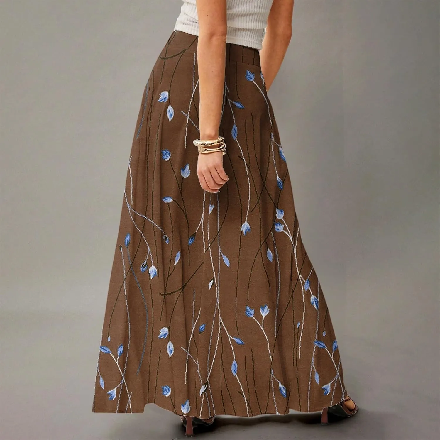 Womens Maxi Skirt Floral Boho Elastic High Waist Flowy A-Line Summer Beach Long Skirts