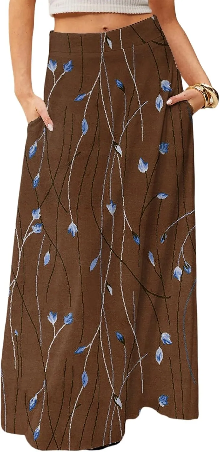 Womens Maxi Skirt Floral Boho Elastic High Waist Flowy A-Line Summer Beach Long Skirts