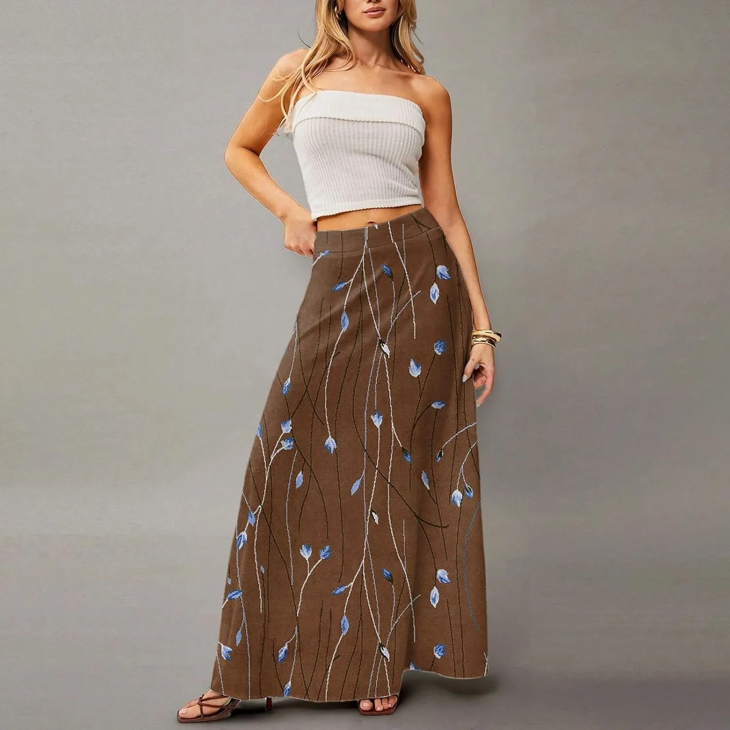 Womens Maxi Skirt Floral Boho Elastic High Waist Flowy A-Line Summer Beach Long Skirts