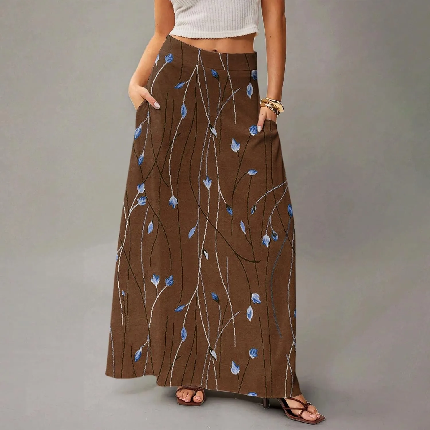 Womens Maxi Skirt Floral Boho Elastic High Waist Flowy A-Line Summer Beach Long Skirts
