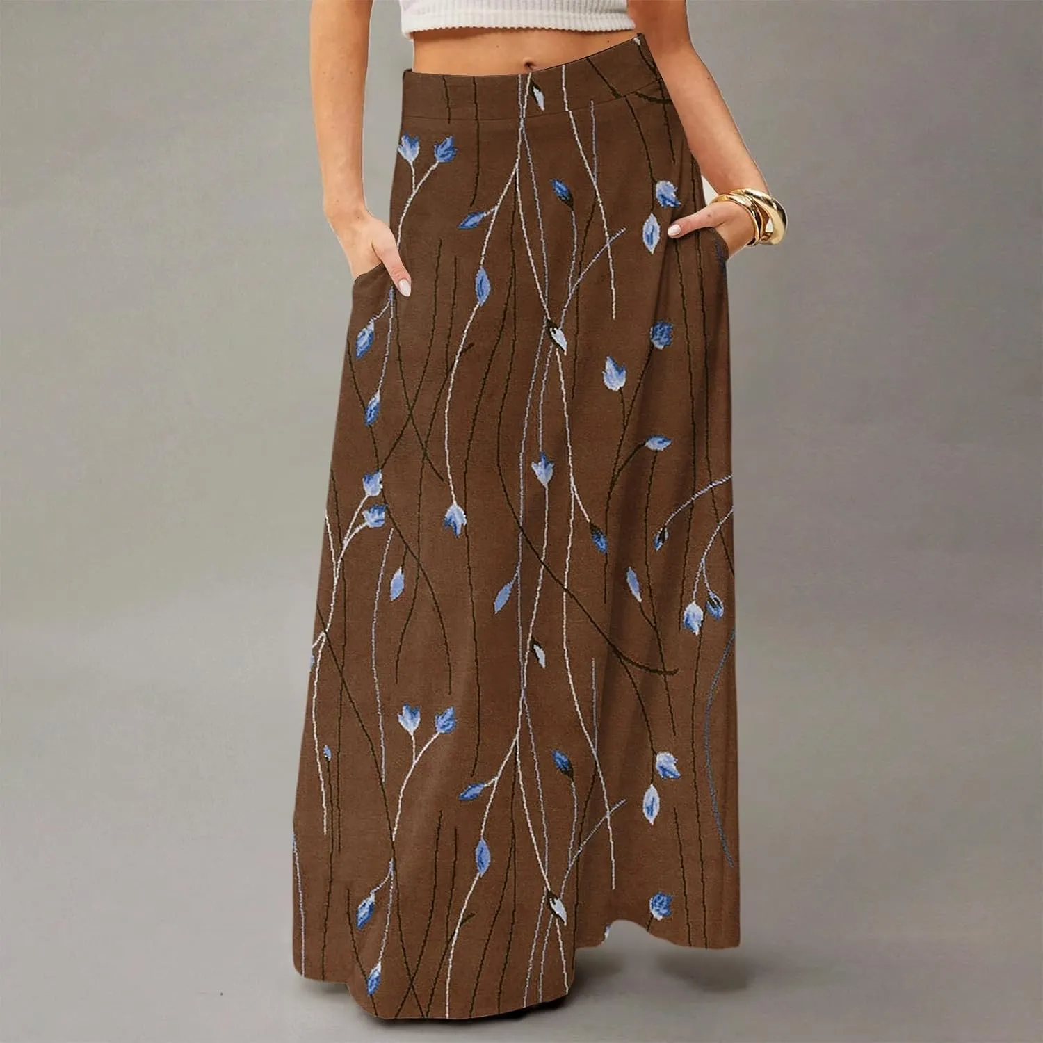 Womens Maxi Skirt Floral Boho Elastic High Waist Flowy A-Line Summer Beach Long Skirts