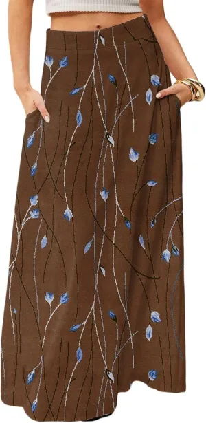 Womens Maxi Skirt Floral Boho Elastic High Waist Flowy A-Line Summer Beach Long Skirts
