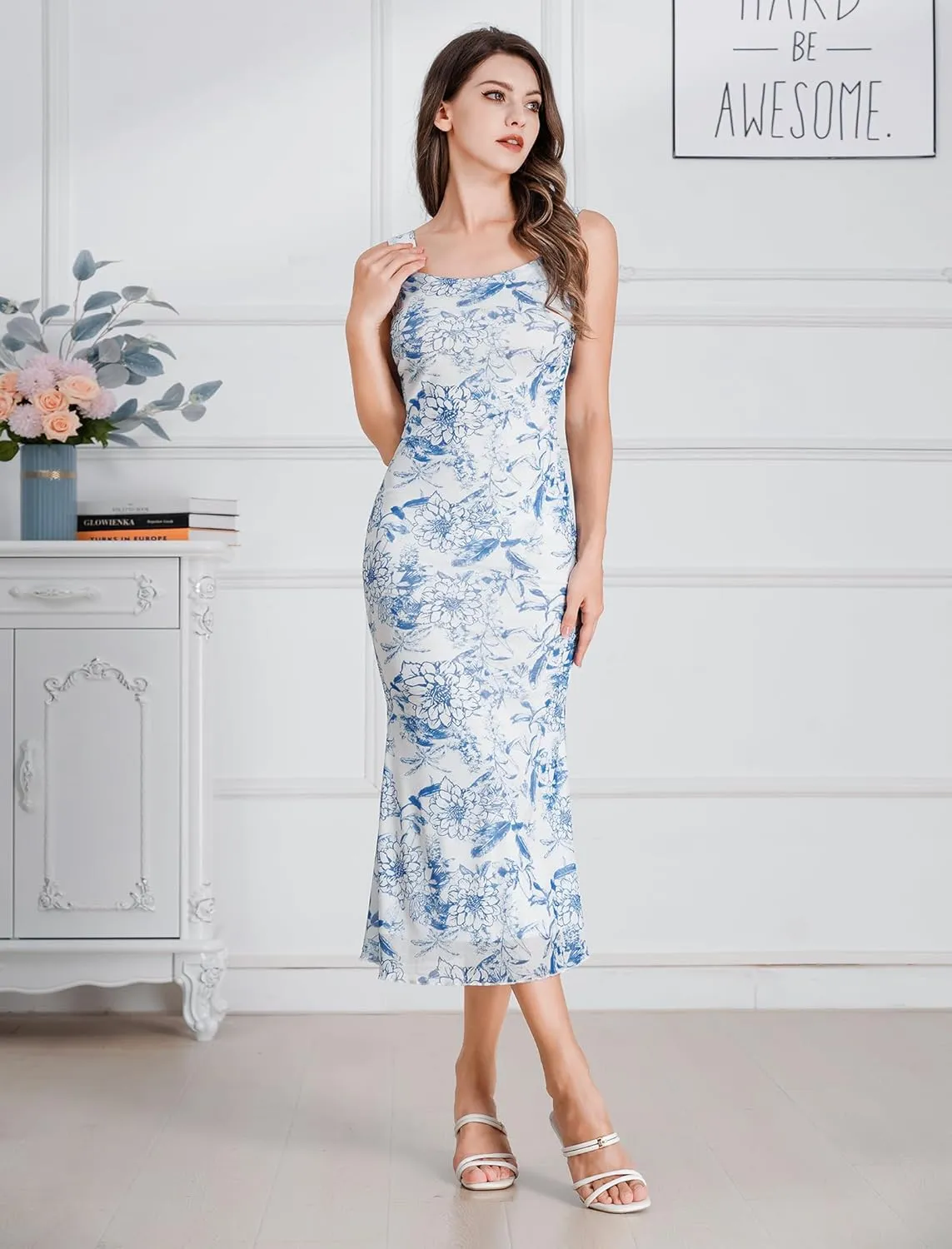 Women's Mesh Floral Ruched Bodycon Midi Dress Sleeveless Cami Dress Formal Cocktail Prom Backless Swing Dresses