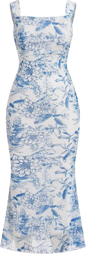 Women's Mesh Floral Ruched Bodycon Midi Dress Sleeveless Cami Dress Formal Cocktail Prom Backless Swing Dresses