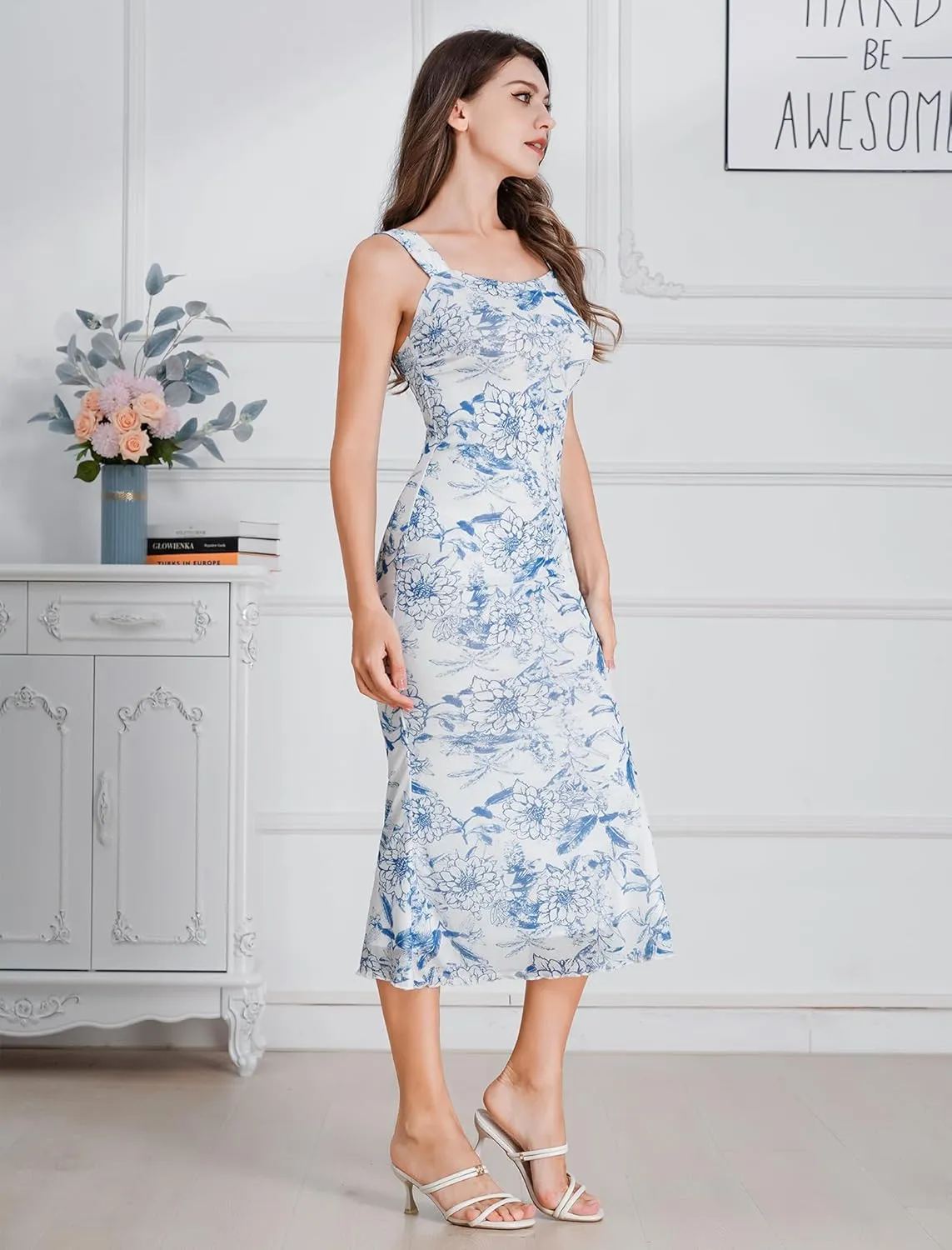 Women's Mesh Floral Ruched Bodycon Midi Dress Sleeveless Cami Dress Formal Cocktail Prom Backless Swing Dresses