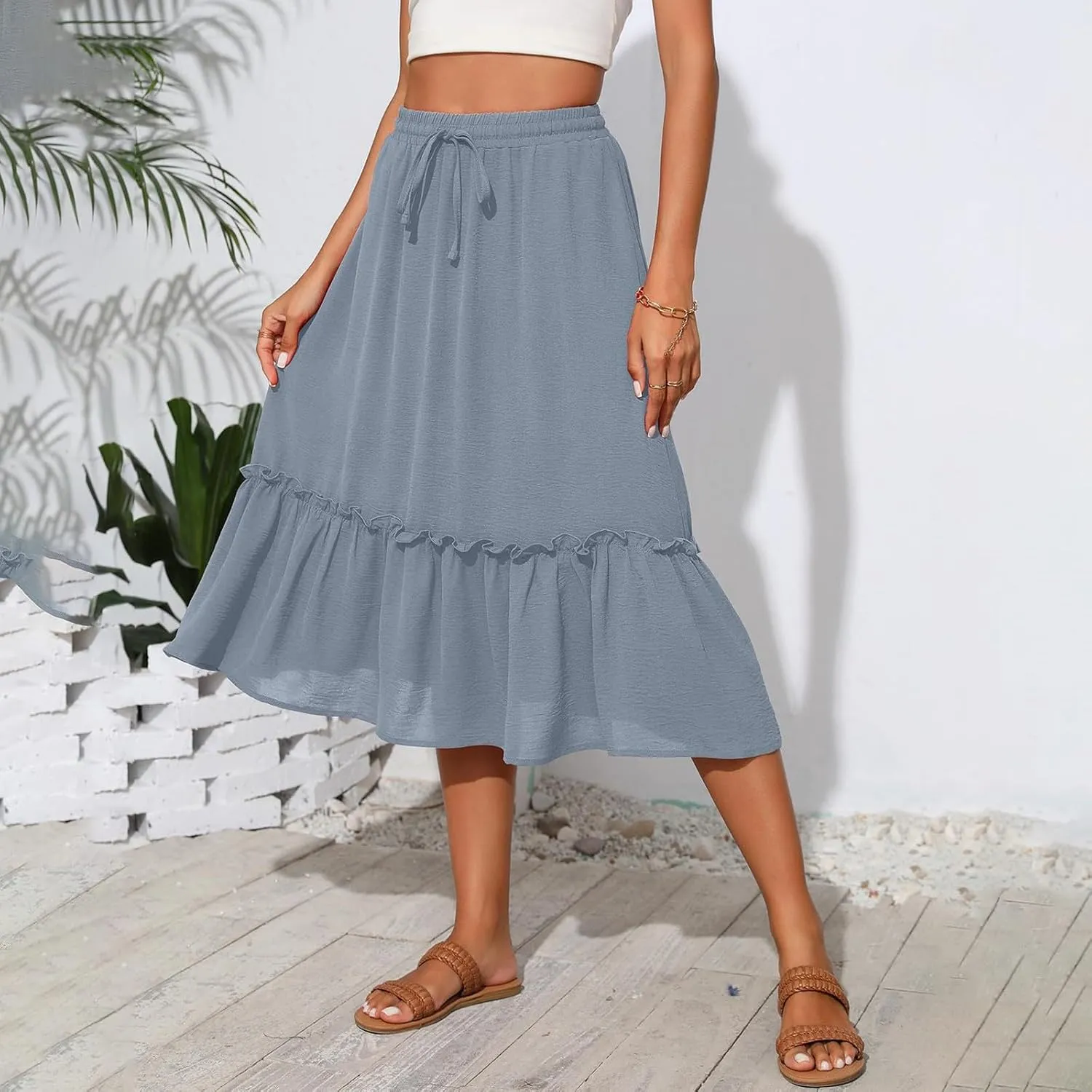 Womens Midi Skirts Casual Tie Front Flowy Ruffle A Line Skirts with Pockets Plaid High Waisted Cover Up Skirts