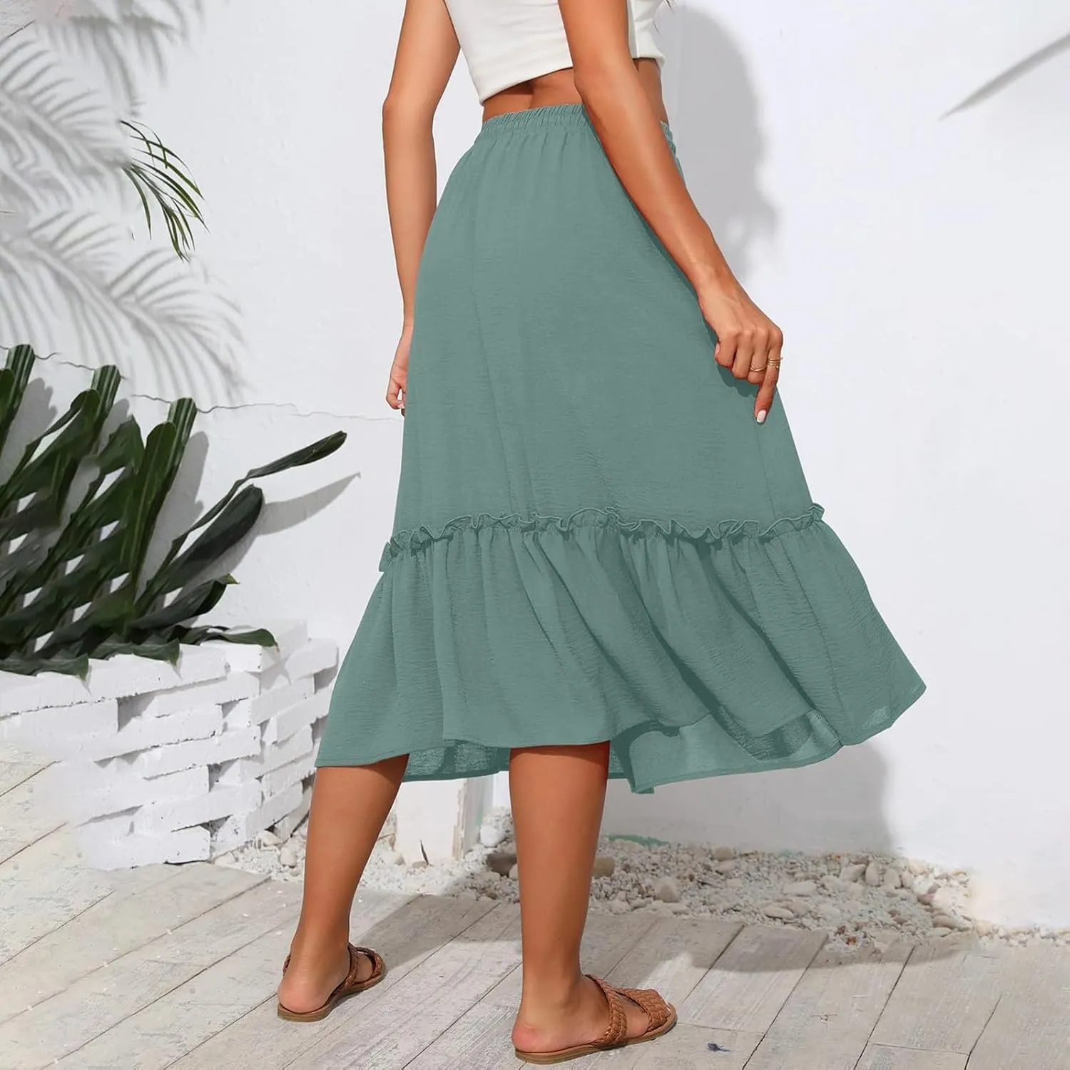 Womens Midi Skirts Casual Tie Front Flowy Ruffle A Line Skirts with Pockets Plaid High Waisted Cover Up Skirts