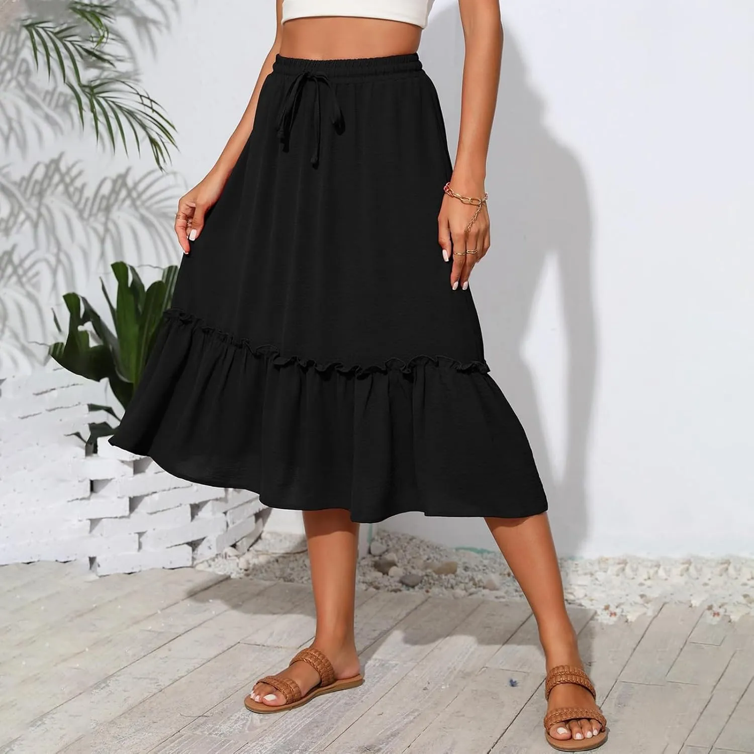 Womens Midi Skirts Casual Tie Front Flowy Ruffle A Line Skirts with Pockets Plaid High Waisted Cover Up Skirts