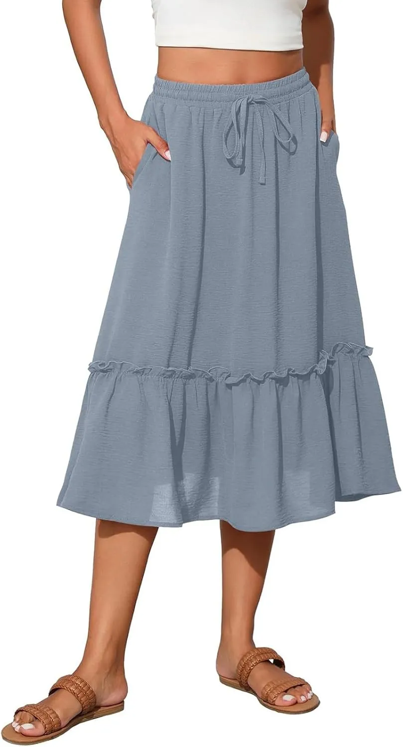 Womens Midi Skirts Casual Tie Front Flowy Ruffle A Line Skirts with Pockets Plaid High Waisted Cover Up Skirts