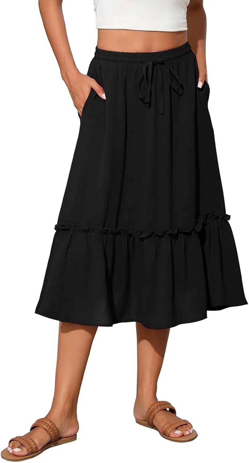 Womens Midi Skirts Casual Tie Front Flowy Ruffle A Line Skirts with Pockets Plaid High Waisted Cover Up Skirts