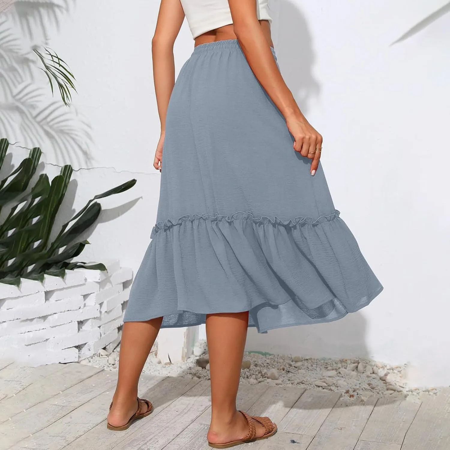 Womens Midi Skirts Casual Tie Front Flowy Ruffle A Line Skirts with Pockets Plaid High Waisted Cover Up Skirts