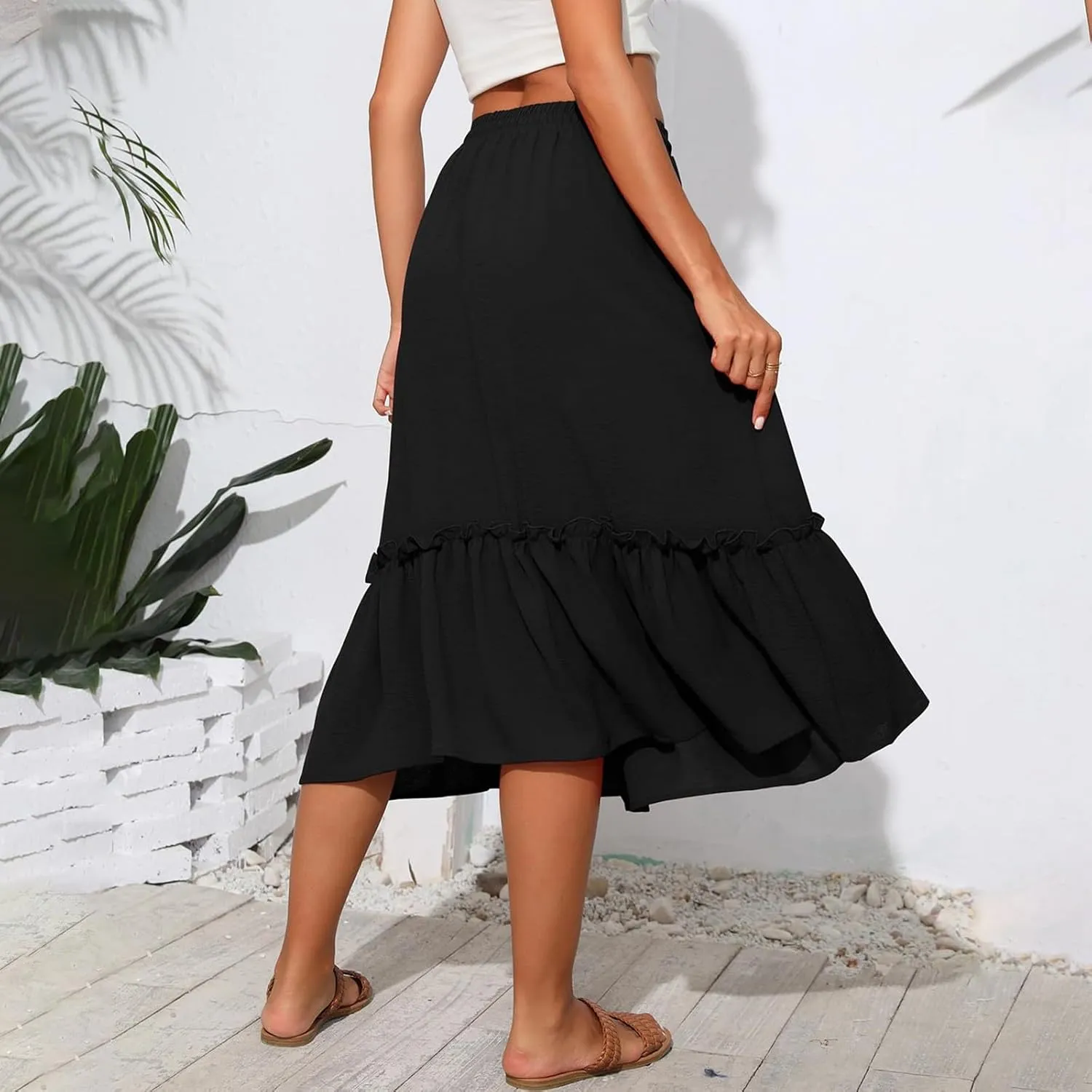 Womens Midi Skirts Casual Tie Front Flowy Ruffle A Line Skirts with Pockets Plaid High Waisted Cover Up Skirts