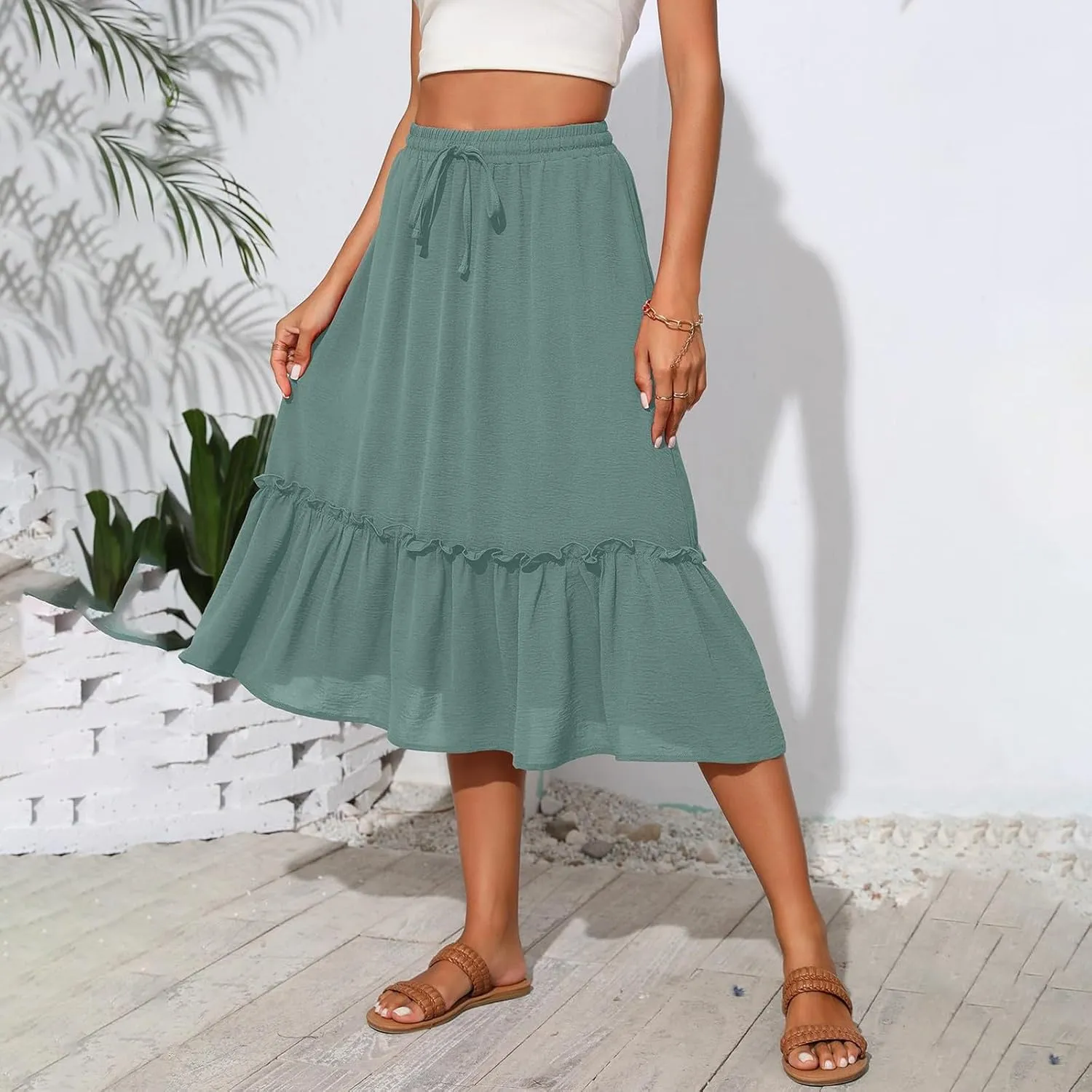 Womens Midi Skirts Casual Tie Front Flowy Ruffle A Line Skirts with Pockets Plaid High Waisted Cover Up Skirts