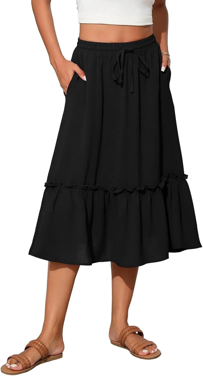 Womens Midi Skirts Casual Tie Front Flowy Ruffle A Line Skirts with Pockets Plaid High Waisted Cover Up Skirts