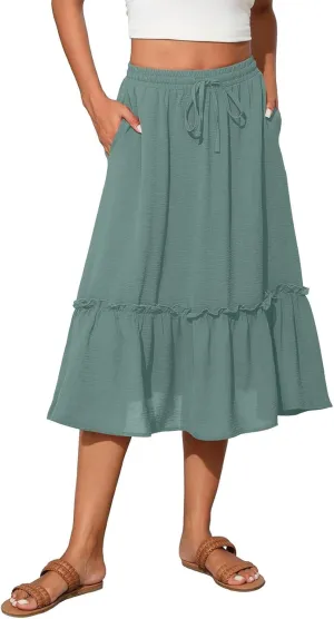 Womens Midi Skirts Casual Tie Front Flowy Ruffle A Line Skirts with Pockets Plaid High Waisted Cover Up Skirts