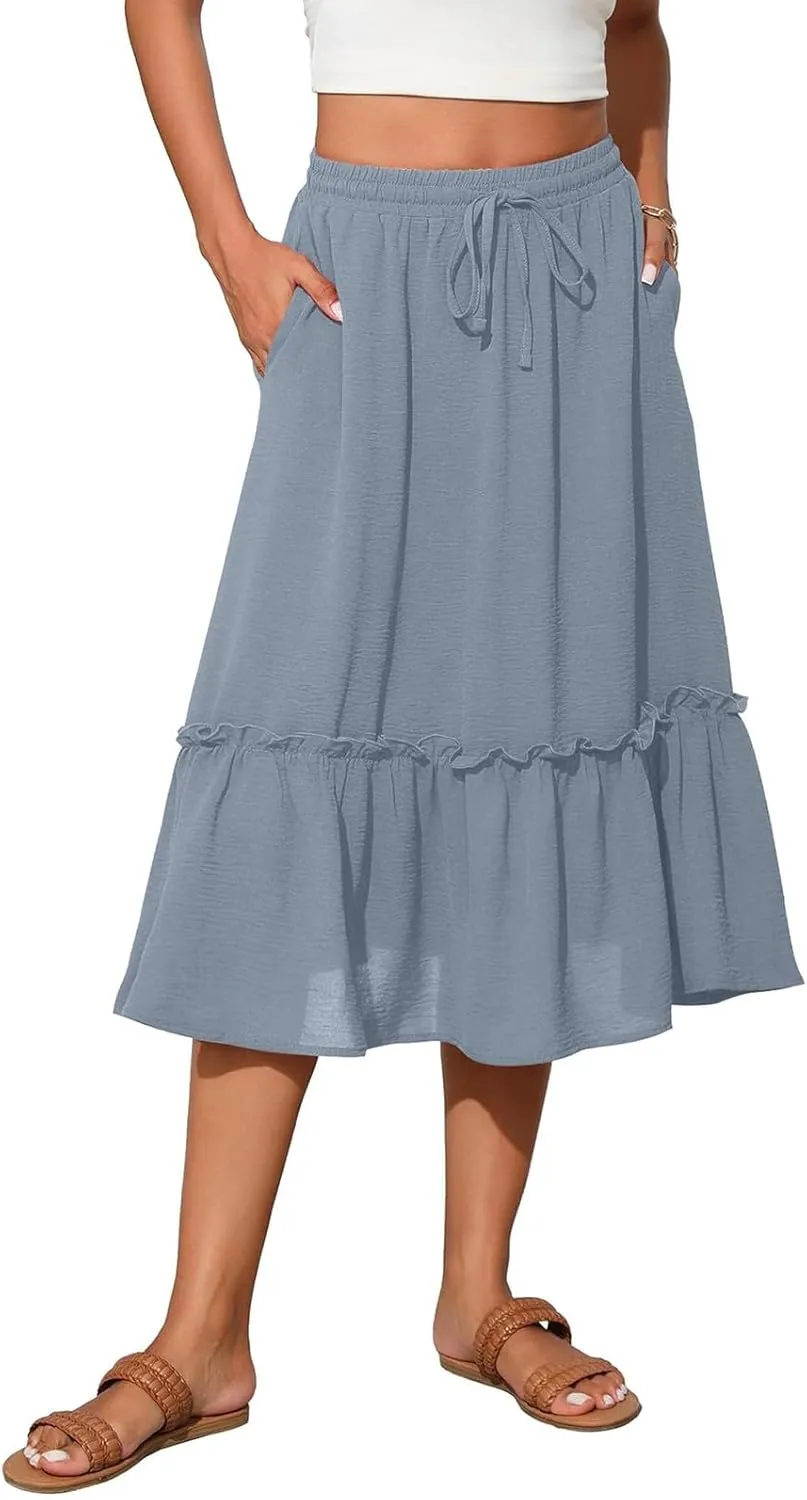 Womens Midi Skirts Casual Tie Front Flowy Ruffle A Line Skirts with Pockets Plaid High Waisted Cover Up Skirts