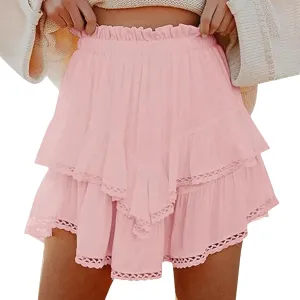 Women's Mini Skirts Vintage Pleated Layered High Waist Hollow Party A-Line Short Skirts