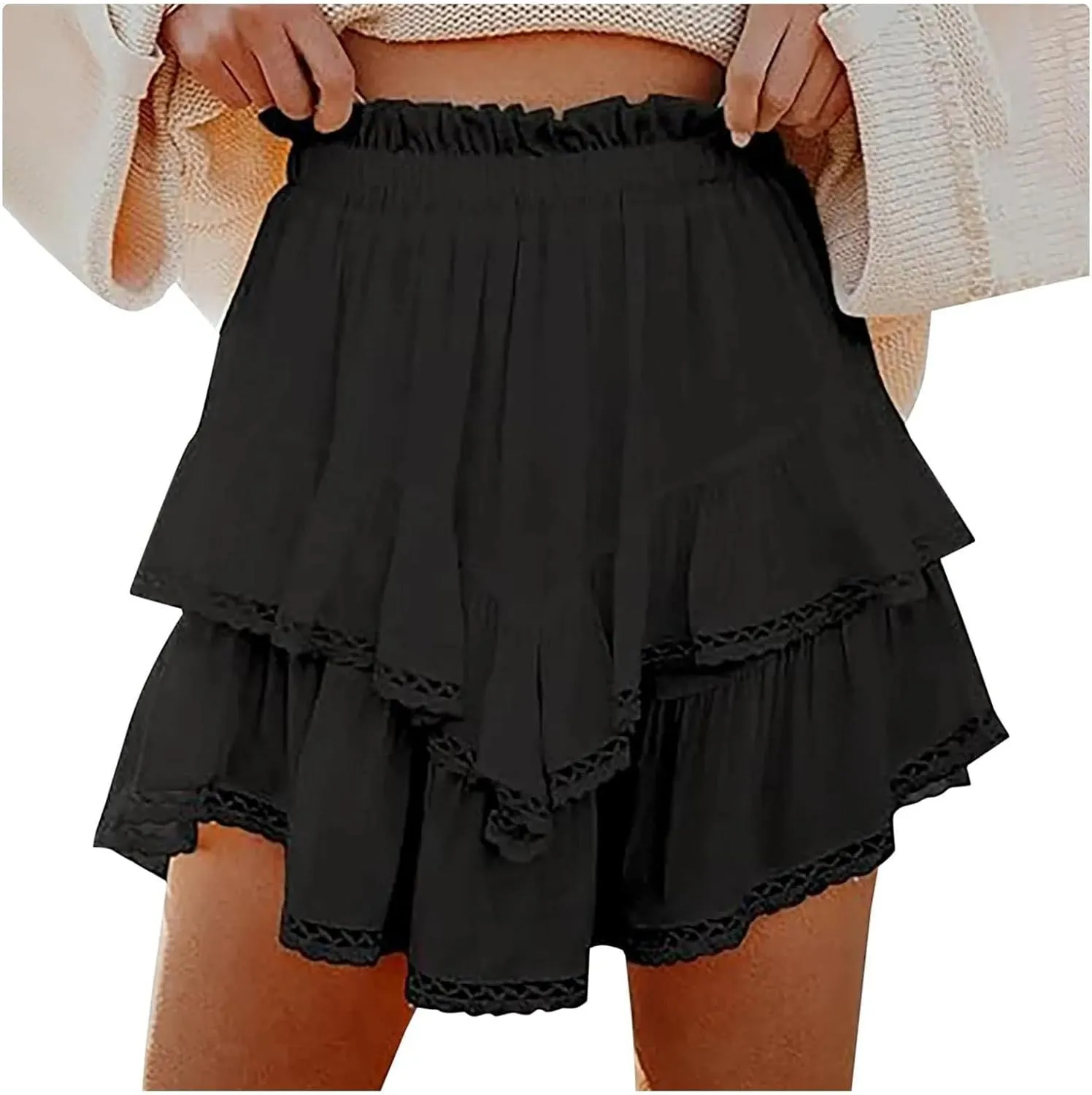 Women's Mini Skirts Vintage Pleated Layered High Waist Hollow Party A-Line Short Skirts