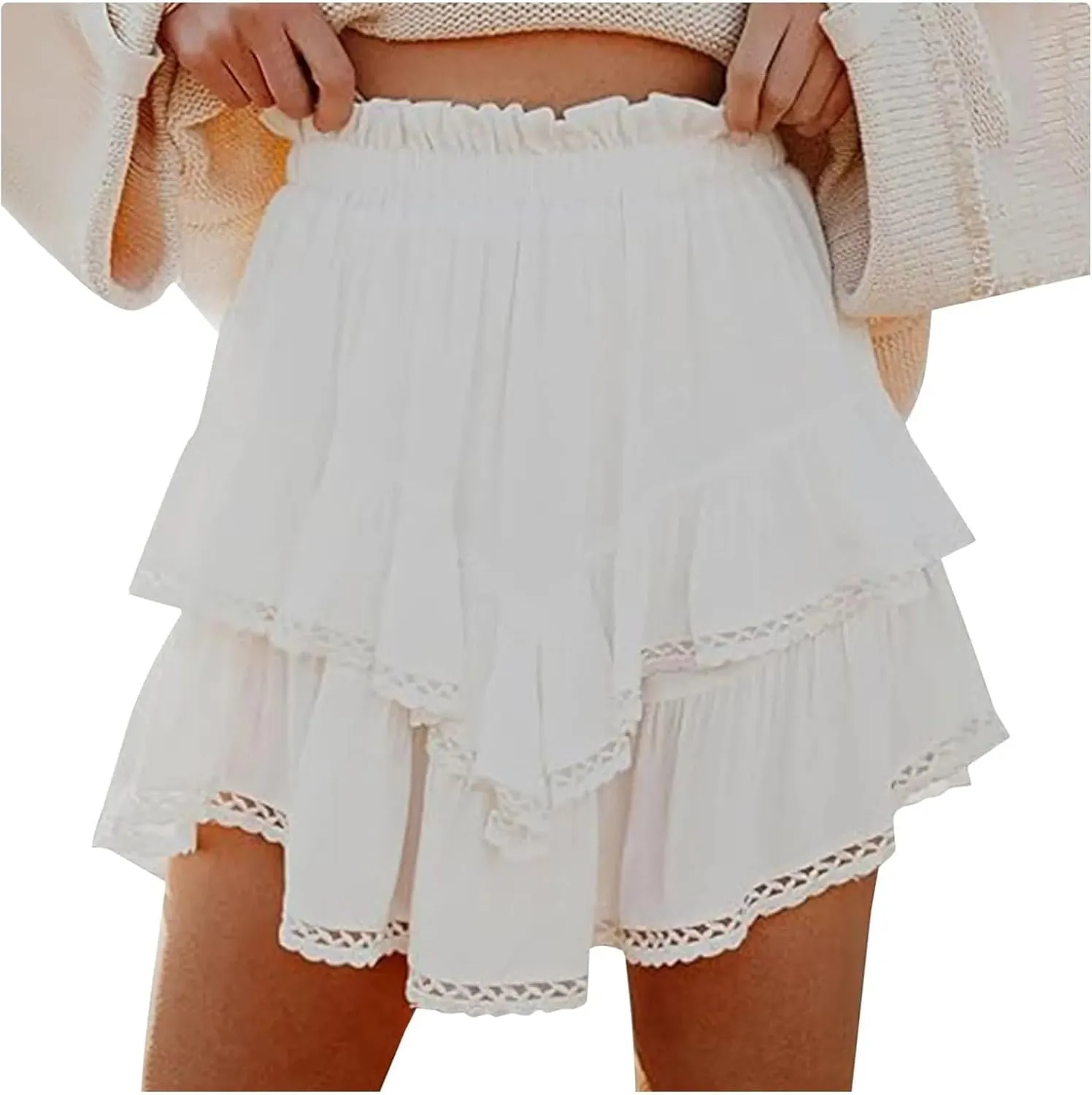 Women's Mini Skirts Vintage Pleated Layered High Waist Hollow Party A-Line Short Skirts