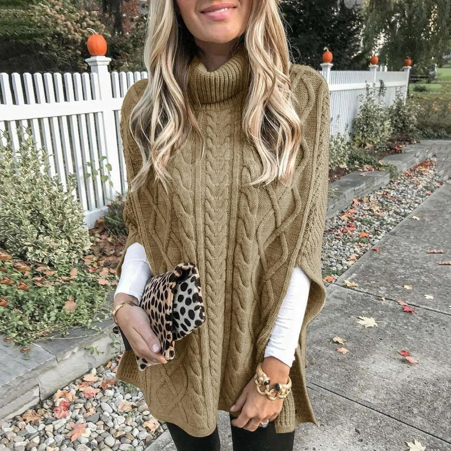 Womens Mock Neck Poncho Sweater Turtleneck Oversized Sweaters Batwing Sleeve Oversized Chunky Knitted Pullover Jumper