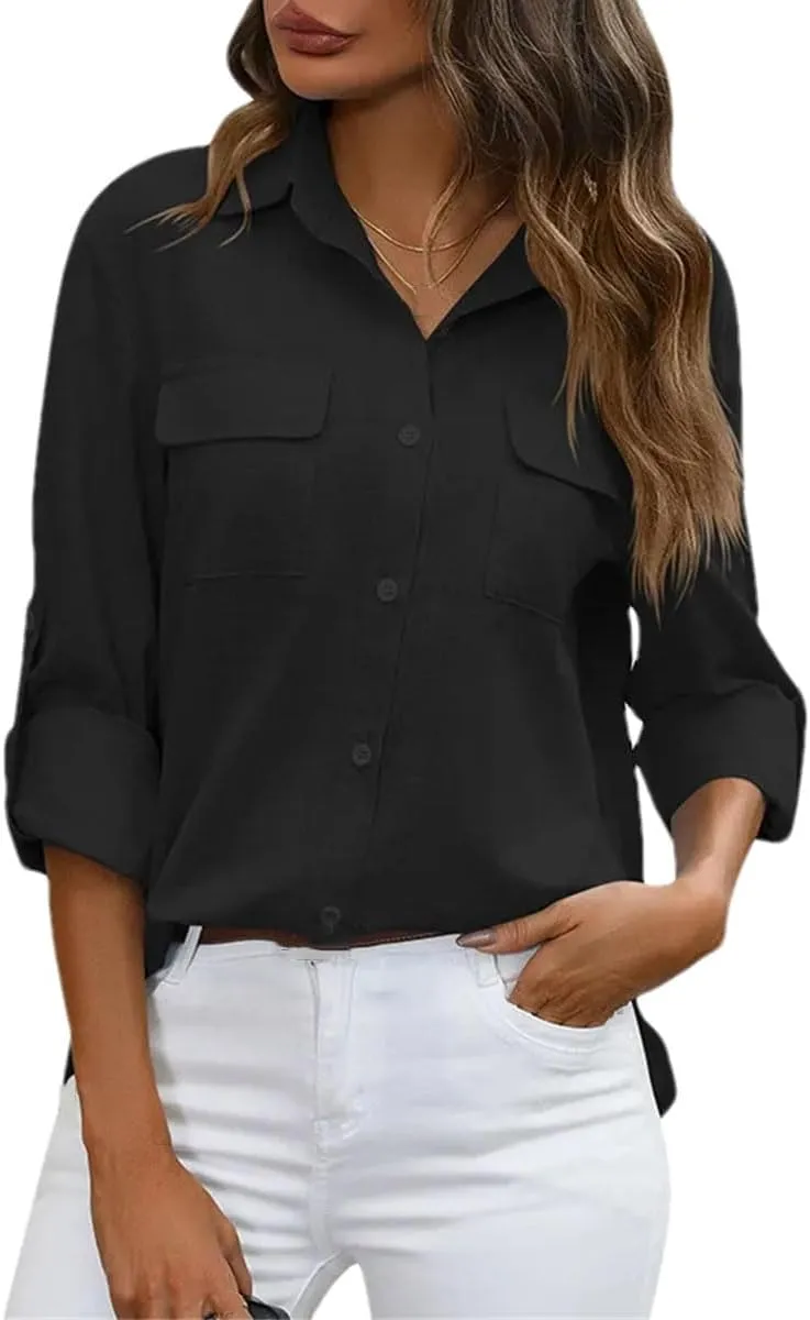 Women's Office Linen Pockets Solid Shirts Long Sleeve Formal Lapel Vintage Blouses