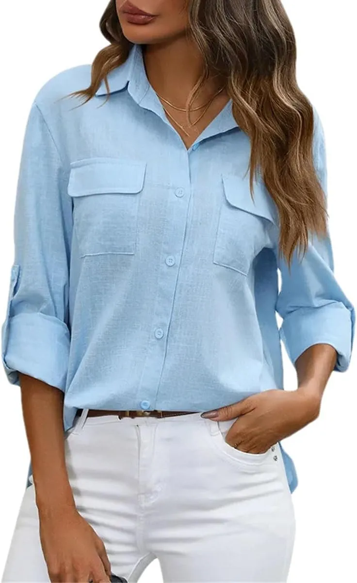 Women's Office Linen Pockets Solid Shirts Long Sleeve Formal Lapel Vintage Blouses