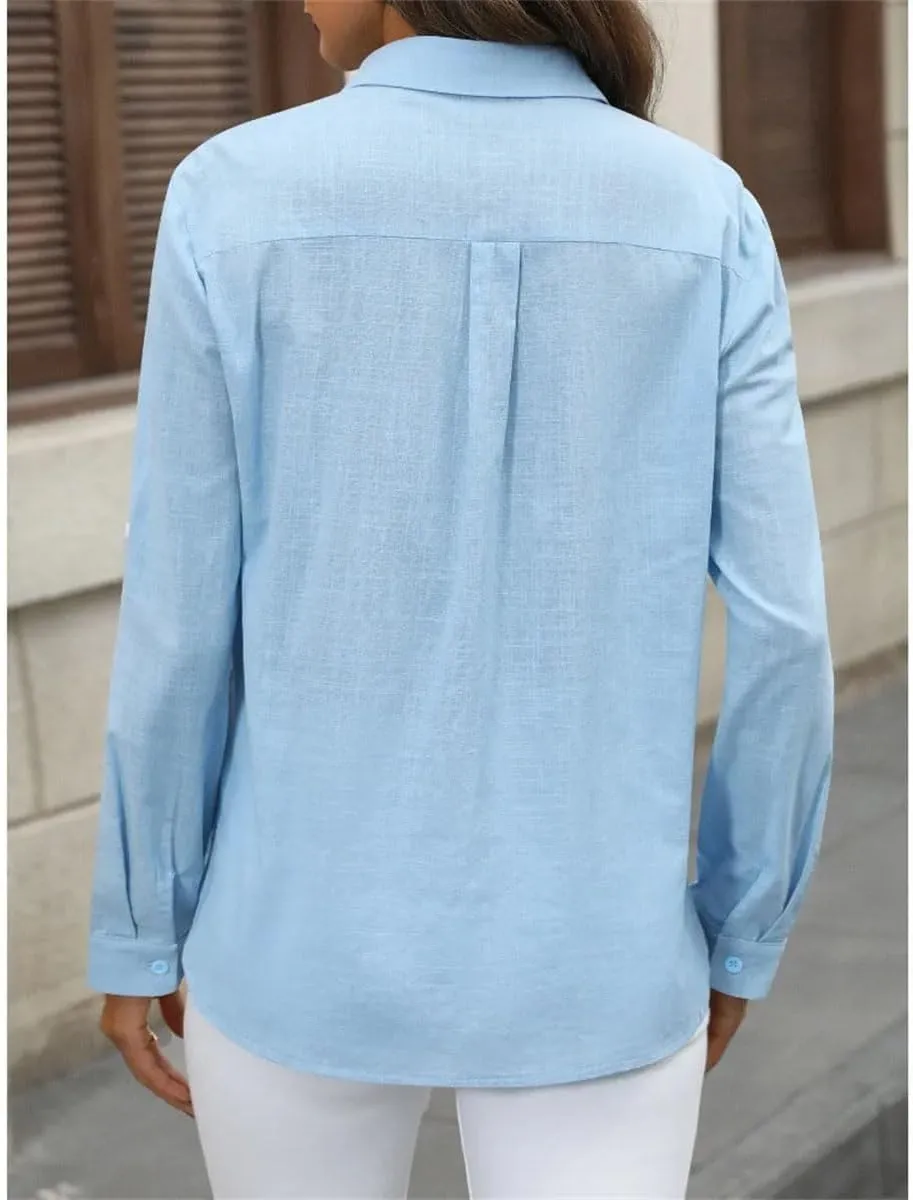 Women's Office Linen Pockets Solid Shirts Long Sleeve Formal Lapel Vintage Blouses