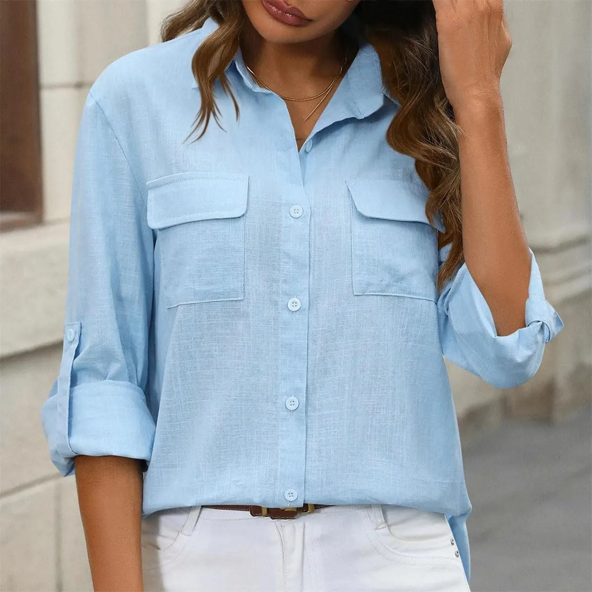 Women's Office Linen Pockets Solid Shirts Long Sleeve Formal Lapel Vintage Blouses