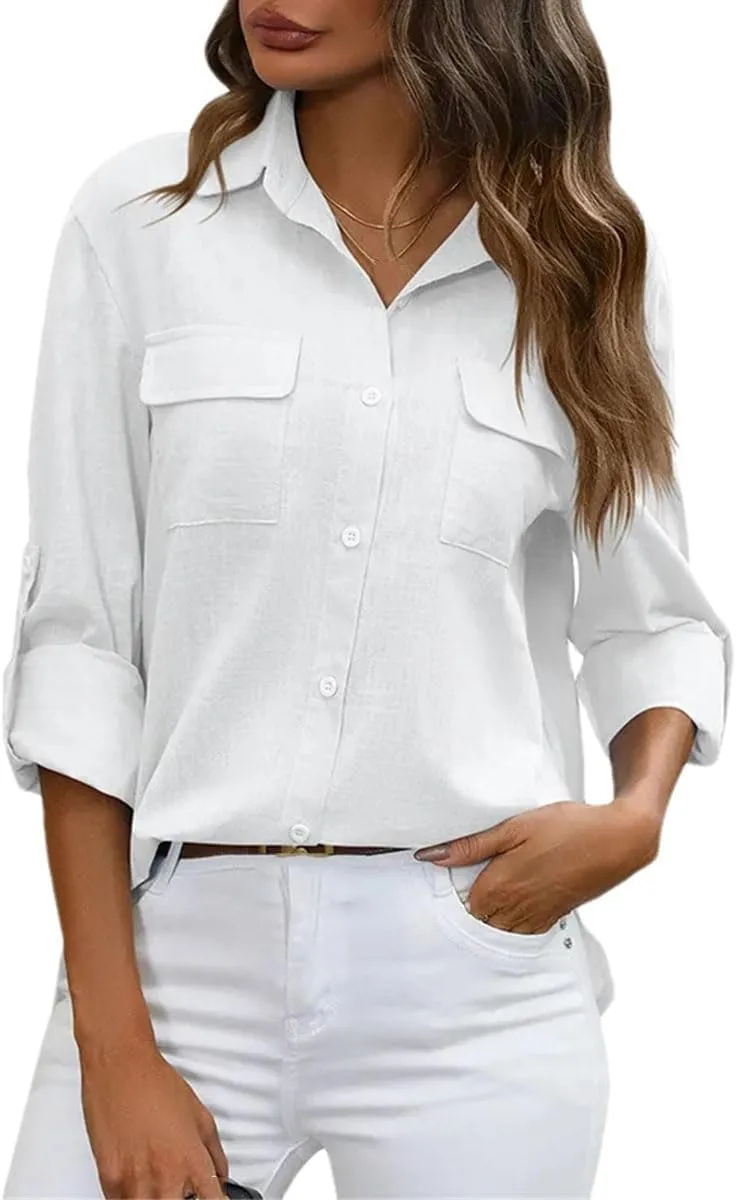 Women's Office Linen Pockets Solid Shirts Long Sleeve Formal Lapel Vintage Blouses