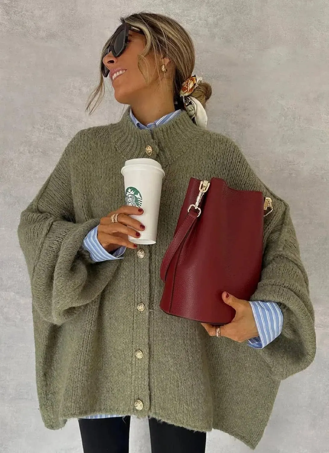 Women's Oversized Button Down Cardigan Sweaters Mock Neck Long Sleeve Chunky Knit Jacket 2025 Spring Fall Outerwear