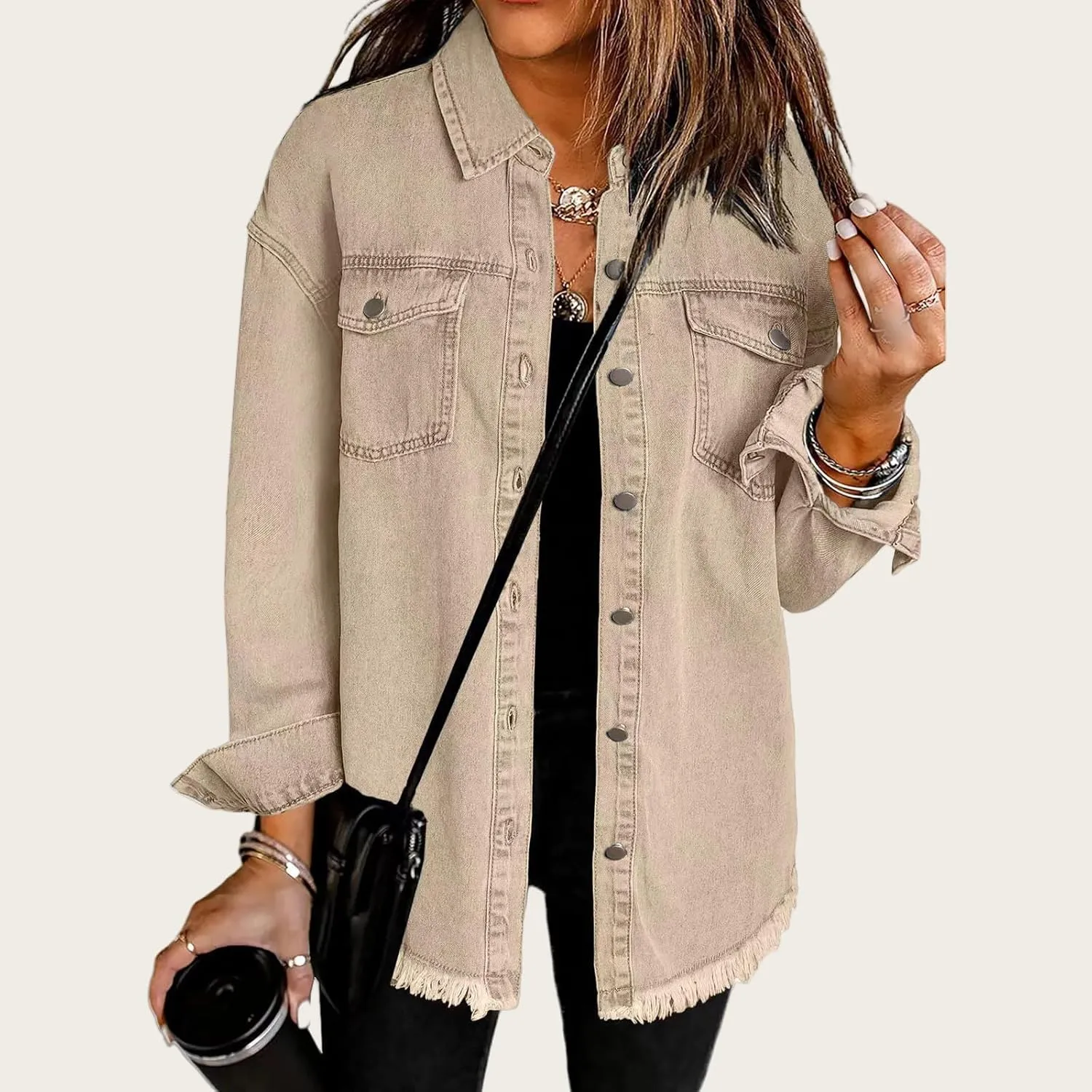 Womens Oversized Denim Jacket Casual Long Boyfriend Button Down Distressed Jean Jacket Fall Shacket Jacket