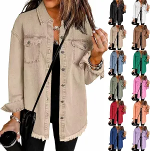 Womens Oversized Denim Jacket Casual Long Boyfriend Button Down Distressed Jean Jacket Fall Shacket Jacket
