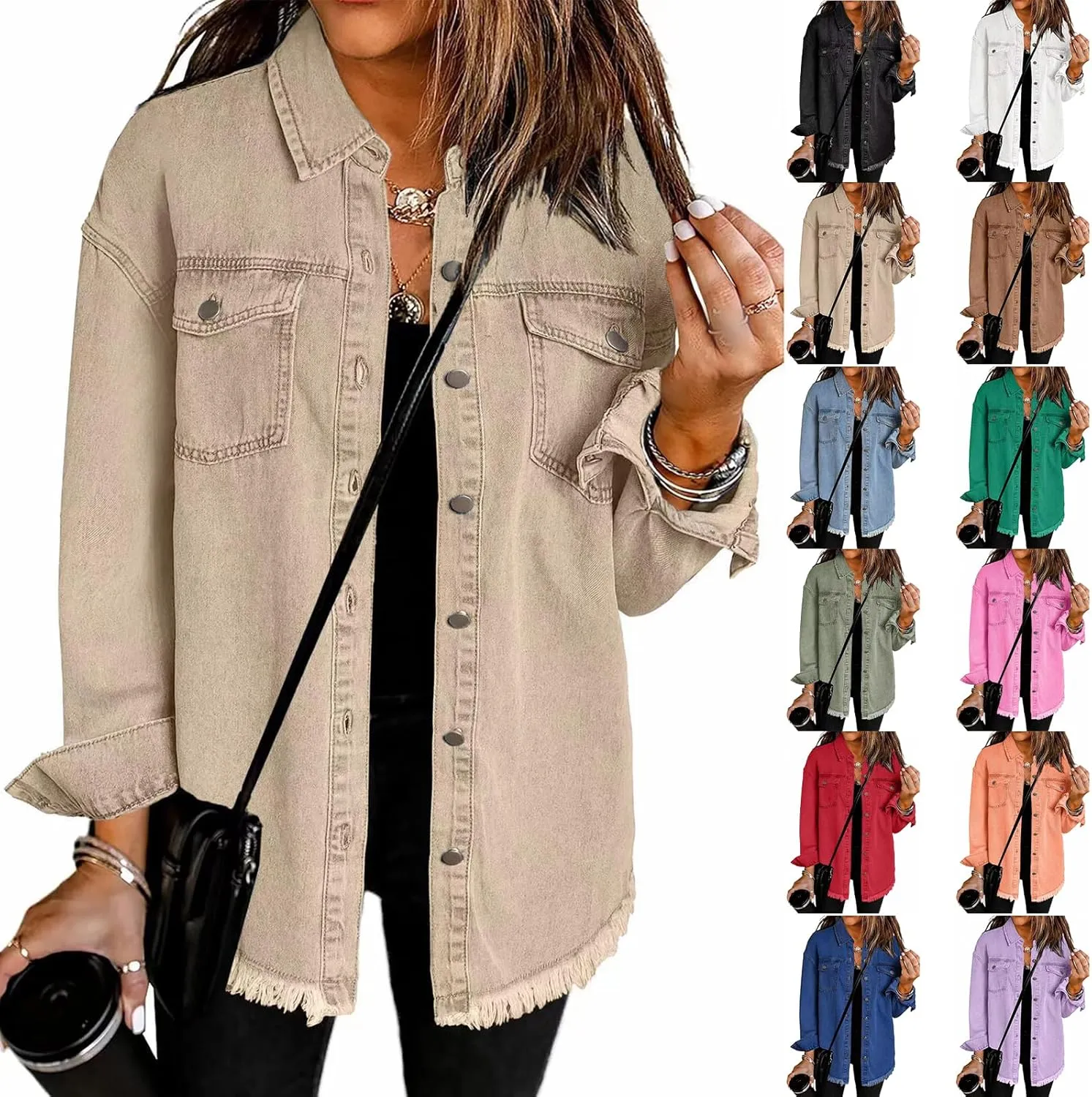 Womens Oversized Denim Jacket Casual Long Boyfriend Button Down Distressed Jean Jacket Fall Shacket Jacket
