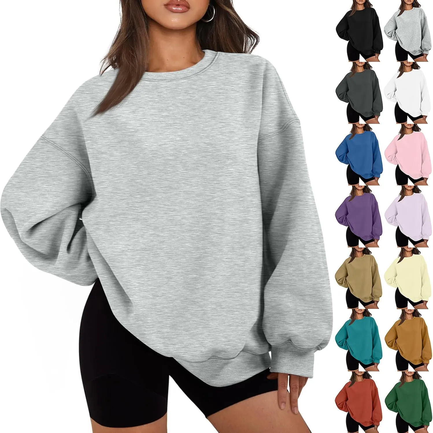 Womens Oversized Fleece Crew Neck Sweatshirts Long Sleeve Casual Pullover Plus Size Fall Sweatshirts