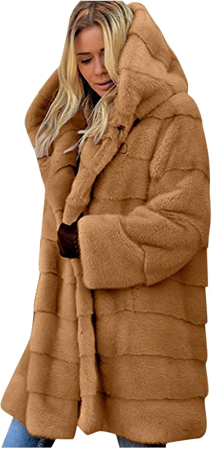 Womens Oversized Fuzzy Fleece Jacket 2024 Fall Winter Fashion Warm Cardigan Coat Loose Soft Hooded Long Sleeve Outwear