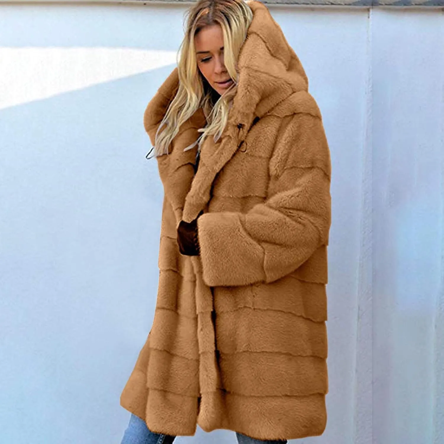 Womens Oversized Fuzzy Fleece Jacket 2024 Fall Winter Fashion Warm Cardigan Coat Loose Soft Hooded Long Sleeve Outwear