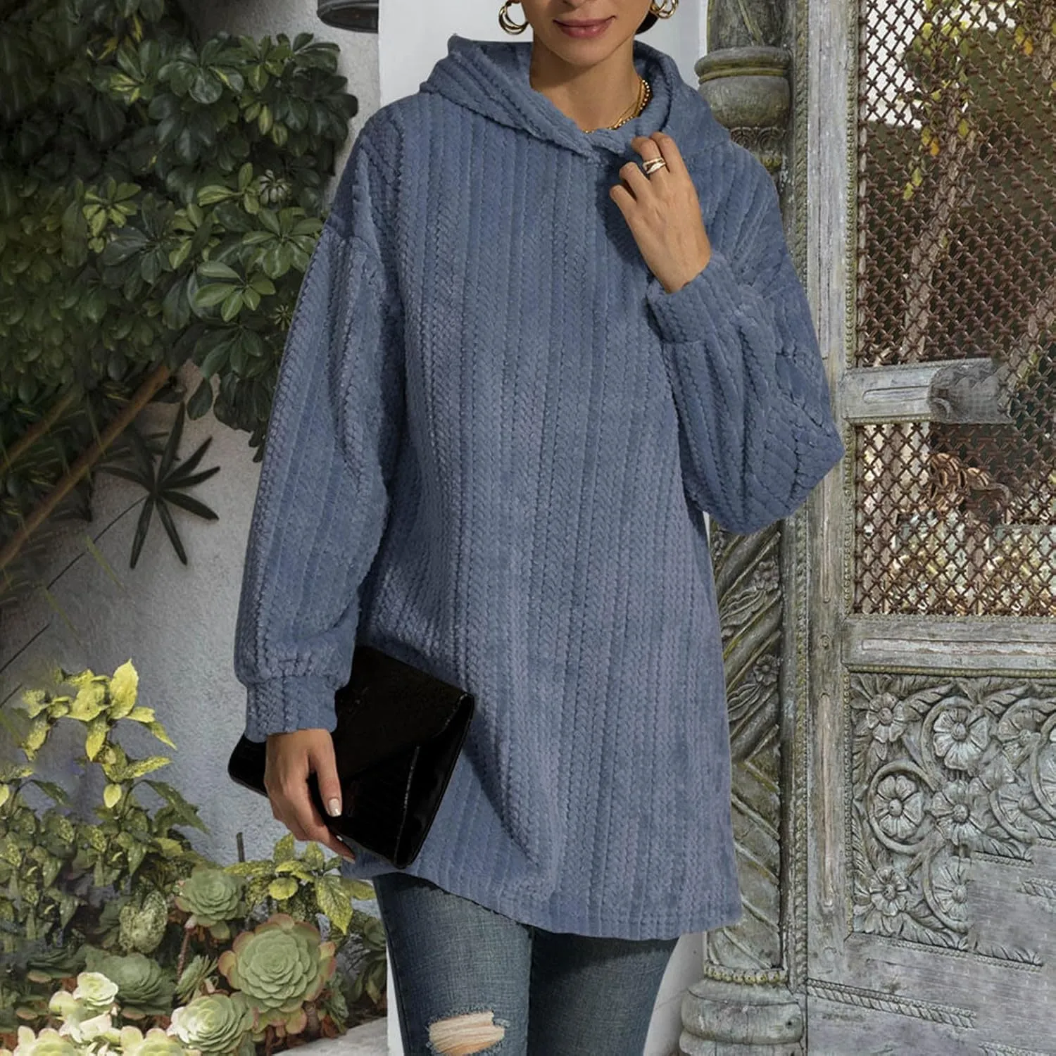 Womens Oversized Hoodies Crewneck Long Sleeve Hooded Sweatshirts Fleece Pullover Shirt Cute Tunic Top Spring Clothes