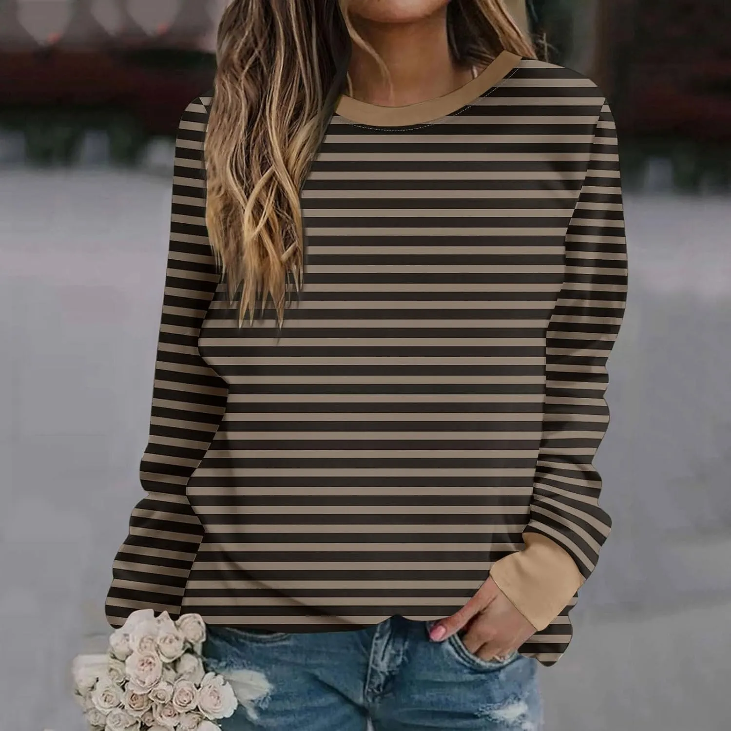 Womens Oversized Hoodless Sweatshirts Striped Long Sleeve Crewneck 2024 Trendy Fall Outfits Pullover Y2K Tops
